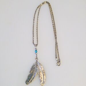 Blue and Silver Feather Pendant Necklace